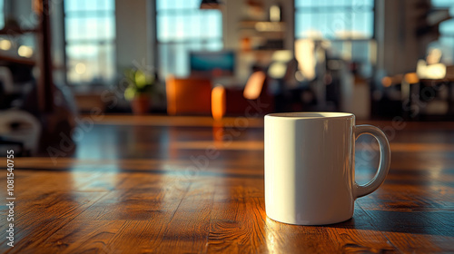 A white mug sits on a wooden table in a sunlit office setting. The mug is empty, but it's ready for a hot beverage. The warm light and wooden surfaces create a comfortable and inviting atmosphere.