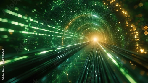 Abstract green line light with digital style effect in futuristic portal tunnel style scene with vividness of seamless pattern flow with speed. Spiral scene perfect for science fiction design. AIG53.