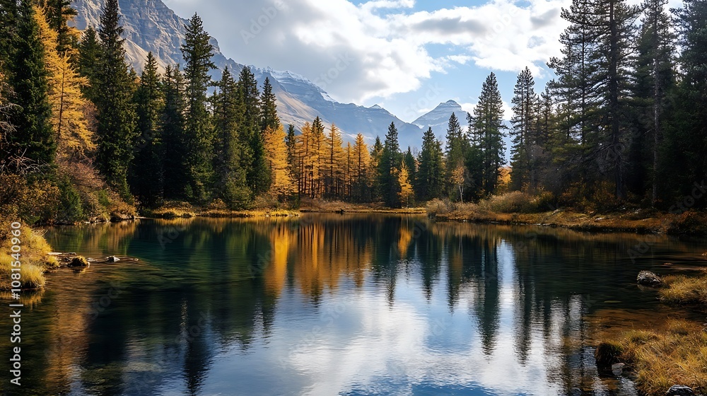 Tranquil Autumn Mountain Lake with Colorful Trees Reflecting in Calm Water Tranquil Autumn Mountain Lake with Colorful Trees Reflecting in Calm Water