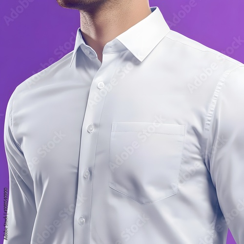 A close-up of a man in a white dress shirt against a purple background.