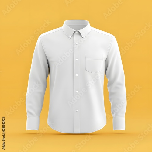 A plain white long-sleeve shirt displayed against a yellow background.