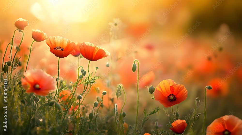 Obraz premium Field of red poppies blooming in the sunset with warm light and shallow depth of field