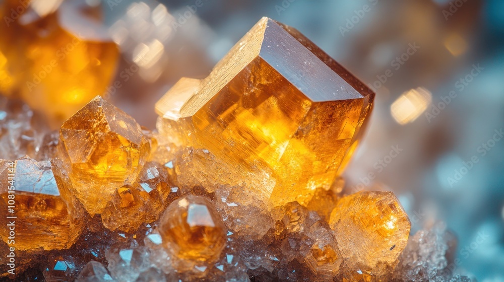 Golden crystals sparkle against a white rock backdrop. Golden crystals sparkle against a white rock backdrop.