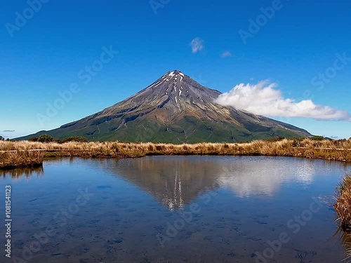 Pouakai Circuit Reflective Tarn and Mountain Taranaki or Mt.Egmont at the background  photo