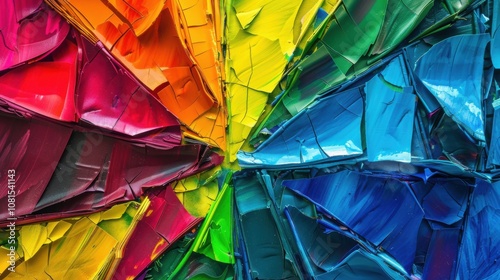 Abstract fragmented shards of vibrant colors converging towards a central point, metaphorically illustrating the coming together of diverse voices and perspectives into a unified whole