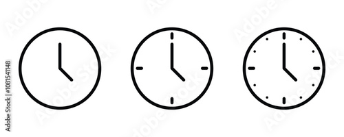 Wall clock icon set, line art style. Simple round wall clock vector illustration