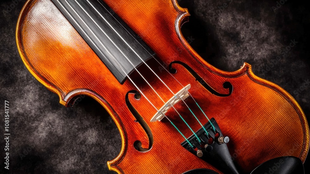 Elegant Close-up of a Beautiful Violin Showcasing Rich Wood Grain and Intricate Design Elements Against a Soft Dark Background Elegant Close-up of a Beautiful Violin Showcasing Rich Wood Grain and Intricate Design Elements Against a Soft Dark Background