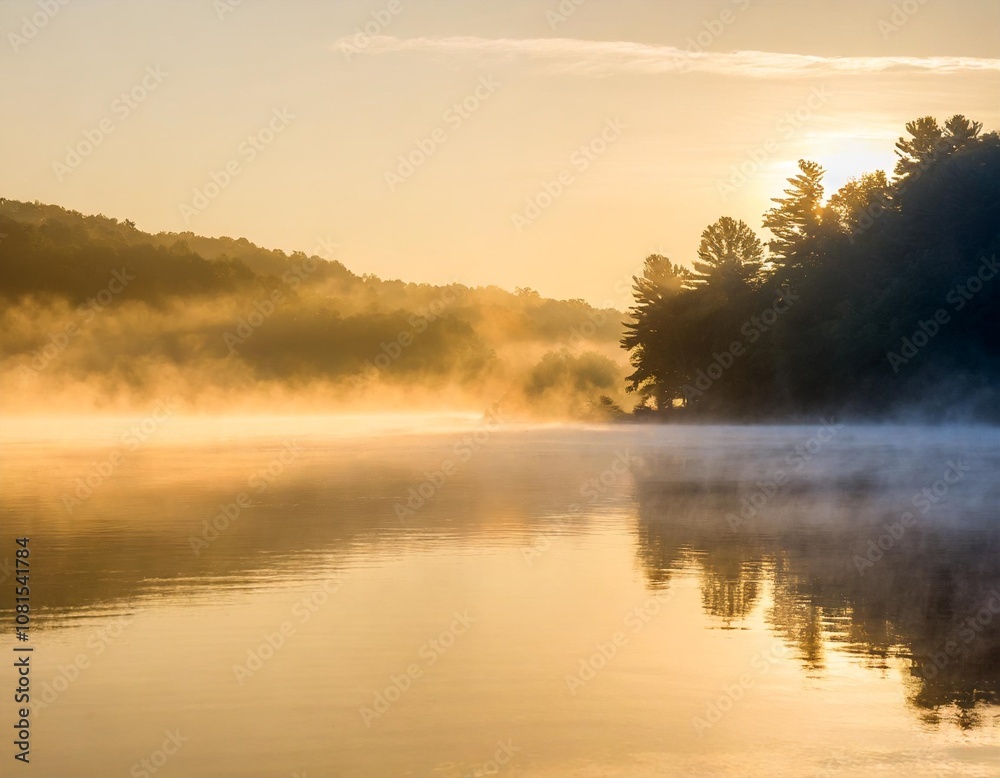 Misty Morning on a Tranquil Lake With Rolling Fog Hovering Over the Water and a Distant Forest Just Visible Through the Hazy Light of Dawn Misty Morning on a Tranquil Lake With Rolling Fog Hovering Over the Water and a Distant Forest Just Visible Through the Hazy Light of Dawn