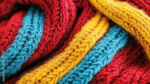 Colorful knitted fabric with red, yellow, and blue yarns, close-up view