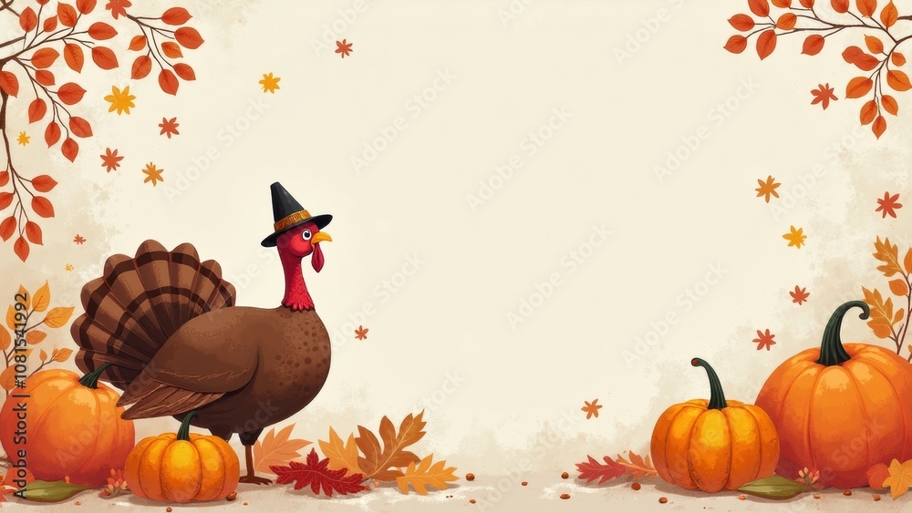 A cartoon turkey wearing a hat stands amidst pumpkins and colorful autumn leaves, creating a warm and inviting atmosphere perfect for Thanksgiving celebrations Thanksgiving day concept A cartoon turkey wearing a hat stands amidst pumpkins and colorful autumn leaves, creating a warm and inviting atmosphere perfect for Thanksgiving celebrations Thanksgiving day concept
