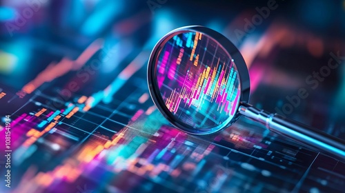 Magnifying glass over digital financial charts, symbolizing data analysis and market research.