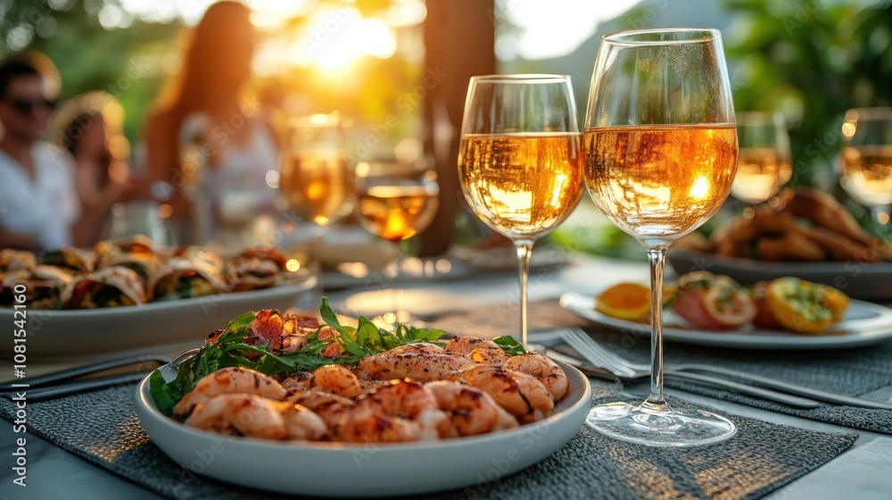 Grilled shrimp and salad with white wine at a sunset dinner party. Grilled shrimp and salad with white wine at a sunset dinner party.