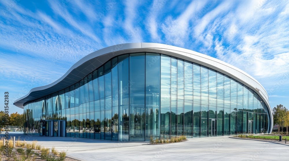 Obraz premium Modern building with curved glass facade reflecting sky. Contemporary architectural design against a clear blue backdrop