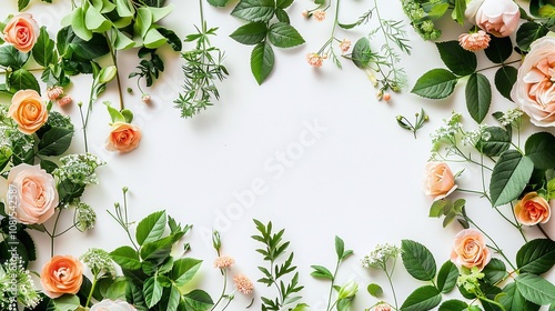 Beautiful arrangement of delicate pink and peach roses with lush greenery on a white background, perfect for floral designs, invitations, and greeting cards.