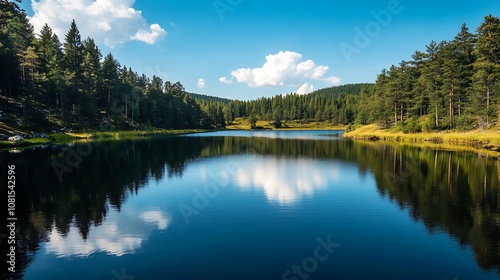 Tranquil Lake with Reflection of Clouds and Trees in the Water