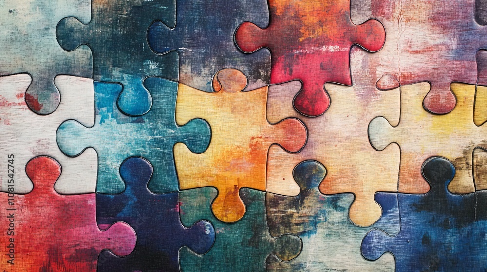 Interlocking puzzle pieces with a watercolor texture, symbolizing connection and diversity in a colorful, abstract design. Interlocking puzzle pieces with a watercolor texture, symbolizing connection and diversity in a colorful, abstract design.