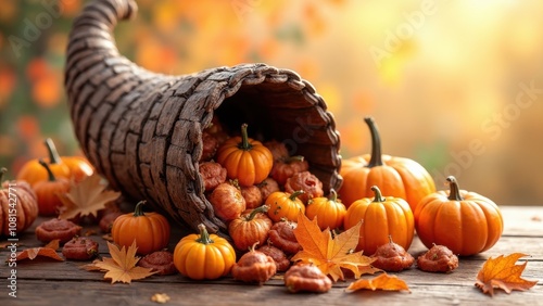 A woven cornucopia spills tiny pumpkins and colorful autumn leaves onto a rustic wooden table, capturing the essence of fall\'s beauty and abundance Thanksgiving day concept