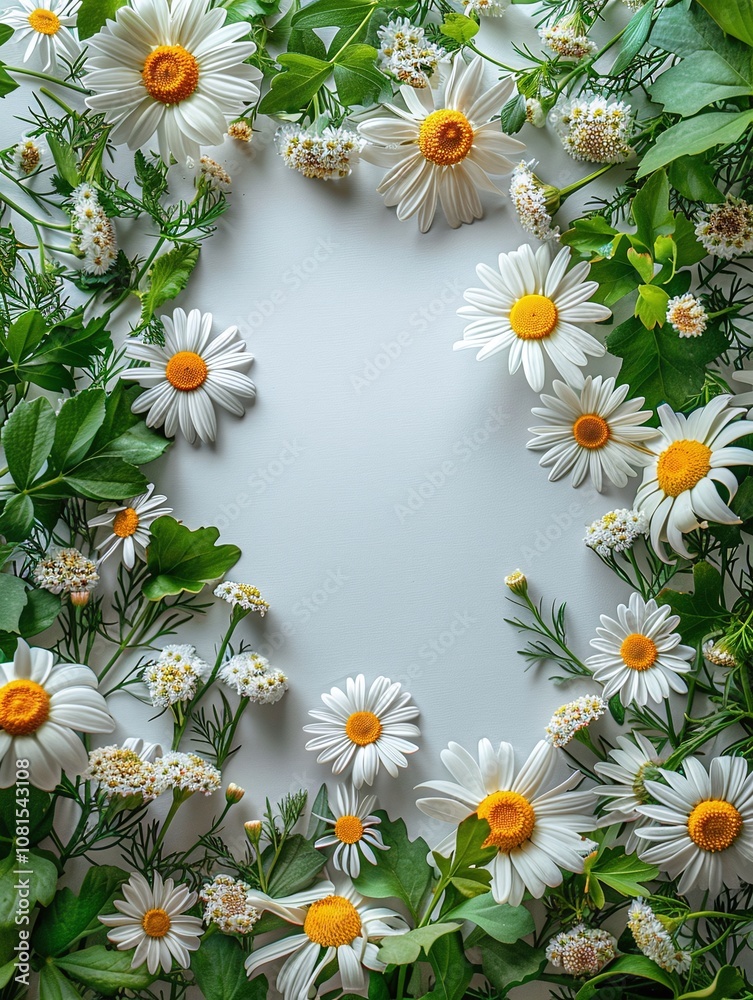Fototapeta premium Beautiful arrangement of fresh white daisies and vibrant green leaves framing a blank space, perfect for creative designs, invitations, or greeting cards.