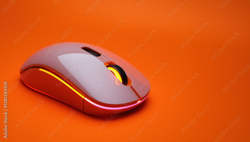 Envision a wireless mouse with a glossy finish and a soft orange hue, featuring an LED light. Its design is sleek and smooth, complemented by an orange backdrop that enhances its appearance. Envision a wireless mouse with a glossy finish and a soft orange hue, featuring an LED light. Its design is sleek and smooth, complemented by an orange backdrop that enhances its appearance.
