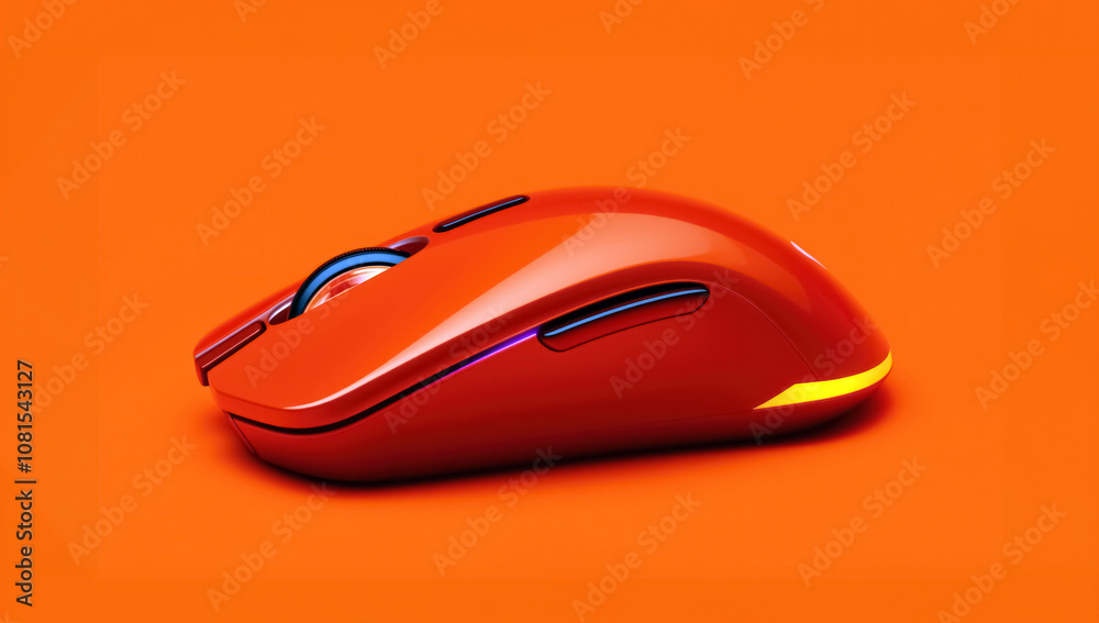 Envision a wireless mouse with a glossy finish and a soft orange hue, featuring an LED light. Its design is sleek and smooth, complemented by an orange backdrop that enhances its appearance. Envision a wireless mouse with a glossy finish and a soft orange hue, featuring an LED light. Its design is sleek and smooth, complemented by an orange backdrop that enhances its appearance.