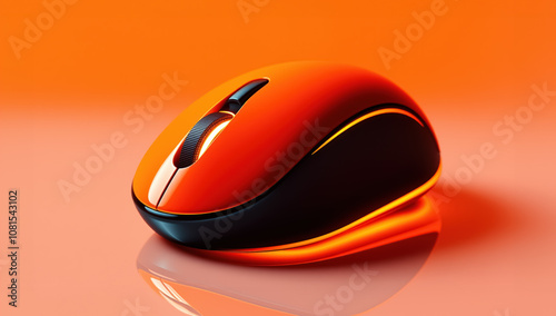 Envision a wireless mouse with a glossy finish and a soft orange hue, featuring an LED light. Its design is sleek and smooth, complemented by an orange backdrop that enhances its appearance. photo