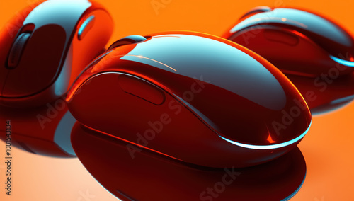 Envision a wireless mouse with a glossy finish and a soft orange hue, featuring an LED light. Its design is sleek and smooth, complemented by an orange backdrop that enhances its appearance. photo