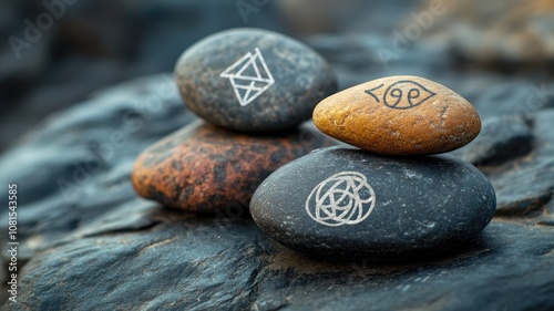 Engraved stones with various symbols on rocky surface