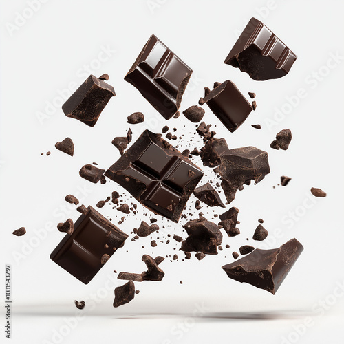 Pieces of dark chocolate falling close up on a white background. dark chocolate broken into pieces in the air. Pieces of milk chocolate falling on a white background with copy space. mockup photo