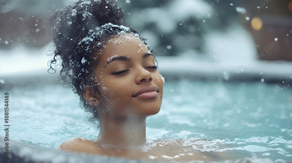 Obraz premium Beautiful young Black woman in outdoor hot tub, snow falling gently, steamy atmosphere, peaceful winter day, Hot tub in winter, Relaxation and serenity