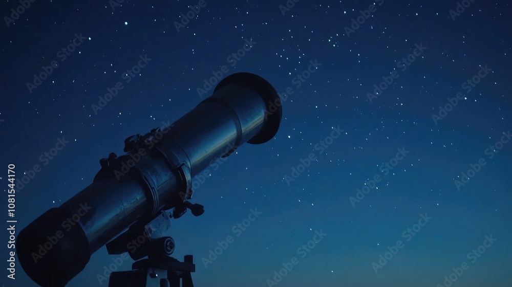 Large telescope pointed at starry night sky Dark blue background Large telescope pointed at starry night sky Dark blue background