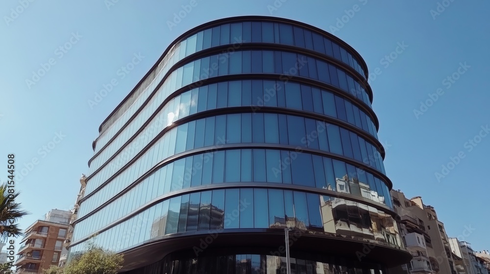 Obraz premium Modern building with curved glass facade reflecting sky. Contemporary architectural design against a clear blue backdrop