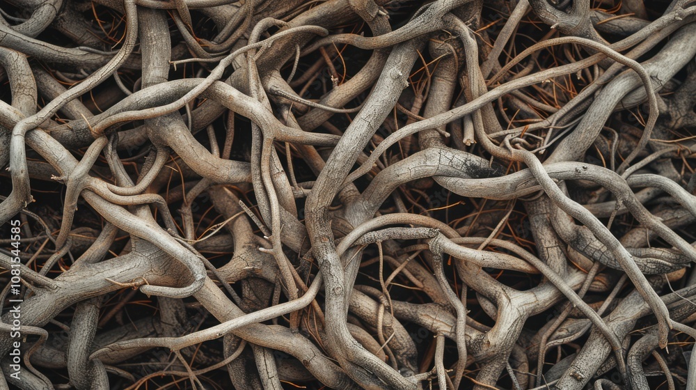 An abstract pattern of intertwined roots and branches, Signifying equity and interconnectedness in natural systems, photography style An abstract pattern of intertwined roots and branches, Signifying equity and interconnectedness in natural systems, photography style