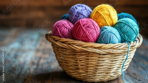 Colorful yarn balls in wicker basket on wooden table