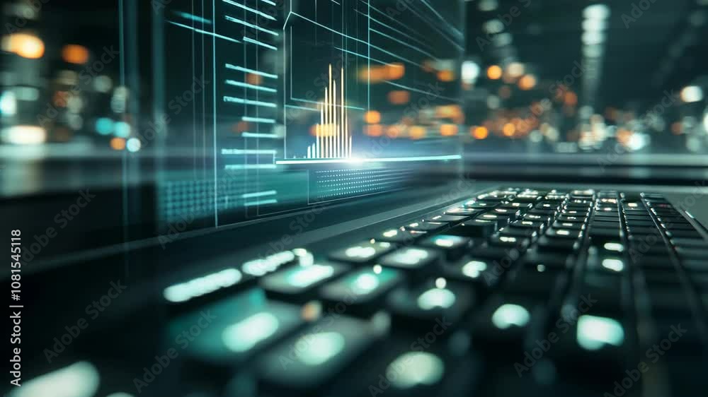 Close-up of a laptop keyboard with glowing holographic data visualizations above, representing digital technology, innovation, and virtual interfaces.