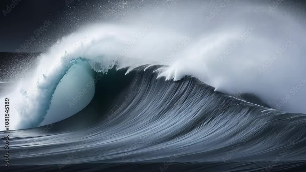 Massive ocean wave rises against dark stormy sky, illuminated by ethereal blue light. Powerful water formation creates dramatic contrast between white foam and deep marine blues.