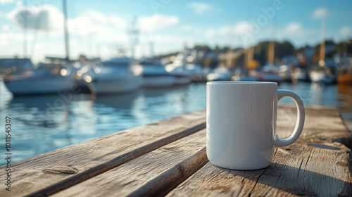 A white mug sits on a wooden dock overlooking a harbor filled with boats on a sunny day.