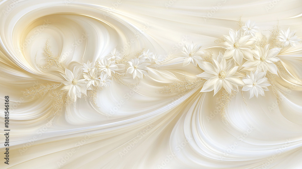 Abstract background with white flowers on cream swirling fabric. Abstract background with white flowers on cream swirling fabric.