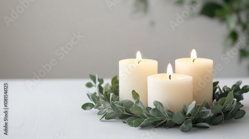 Three lit candles in wreath on white table