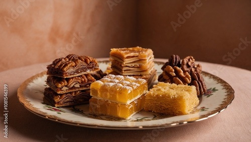 Traditional Ramadan sweets with baklava, dates, and kunduri photo