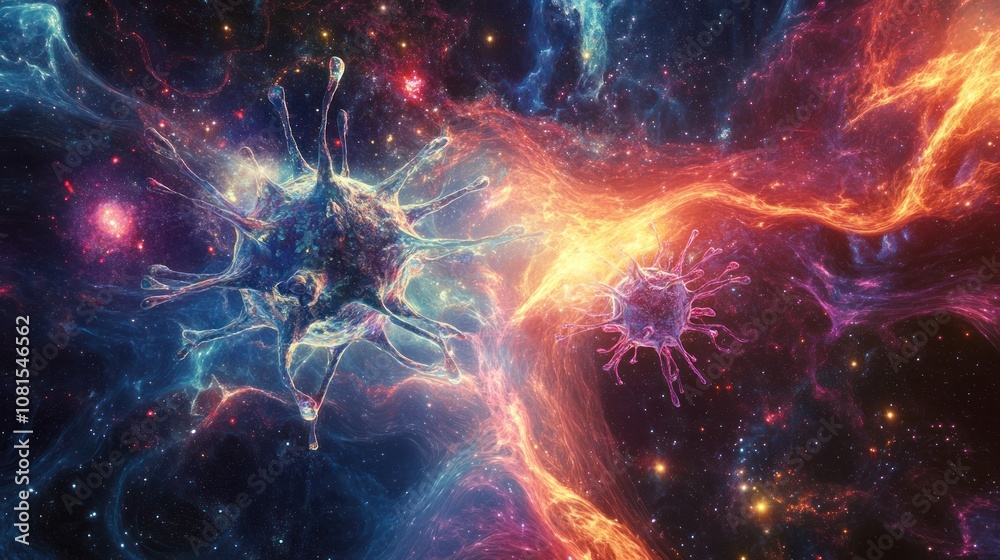 virus integrated with digital elements, illustrating the fusion of biology and technology. virus integrated with digital elements, illustrating the fusion of biology and technology.