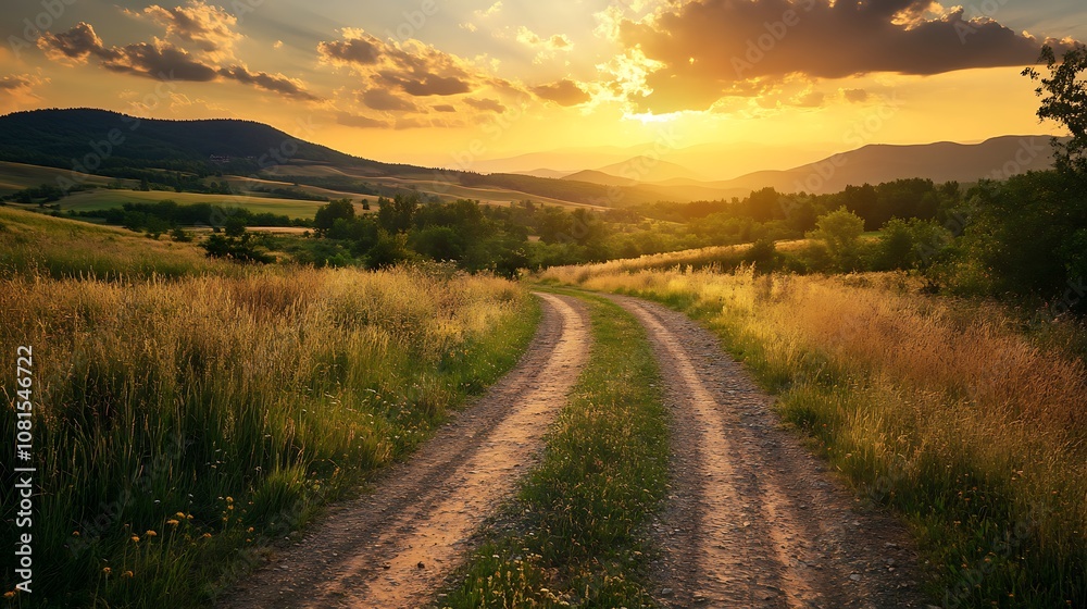 Country road leading through a golden field at sunset, with rolling hills in the background. Country road leading through a golden field at sunset, with rolling hills in the background.