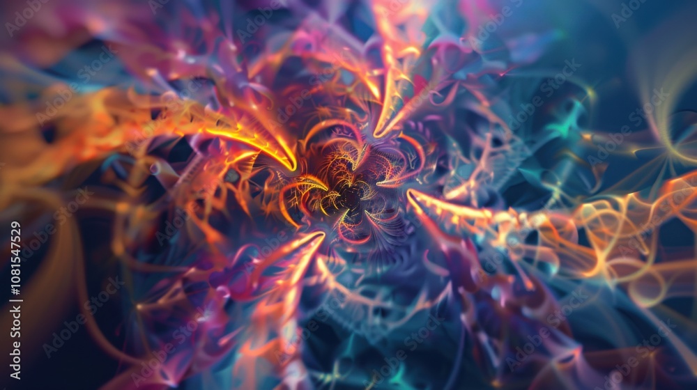 An abstract visual of a complex, multi-colored fractal pattern emerging from a single central point, Representing the expansion and richness of perspectives that arise from a unified core of diversity