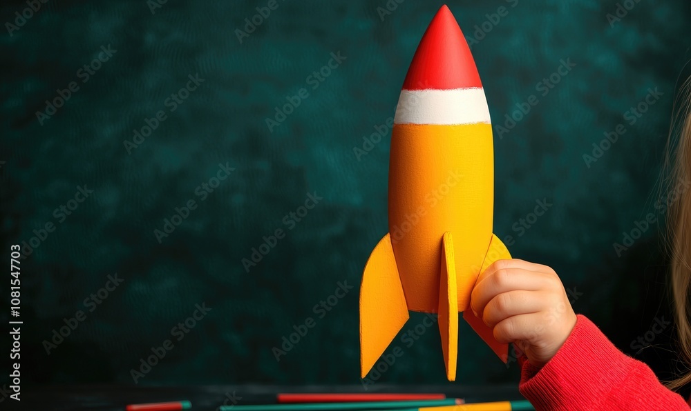 A child holds a vibrant toy rocket, symbolizing imagination and creativity in playtime adventures. A child holds a vibrant toy rocket, symbolizing imagination and creativity in playtime adventures.