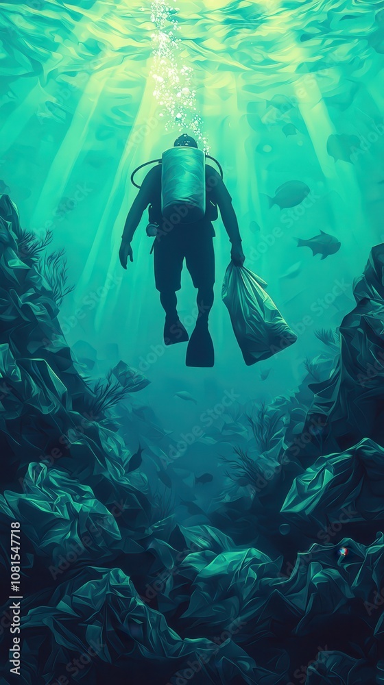 Obraz premium Diver cleaning up plastic pollution underwater ocean environmental action marine ecosystem upward perspective conservation awareness