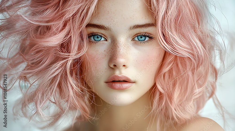 The character is depicted as a young woman with shoulder length, messy pink hair that falls in soft waves around her face The character is depicted as a young woman with shoulder length, messy pink hair that falls in soft waves around her face