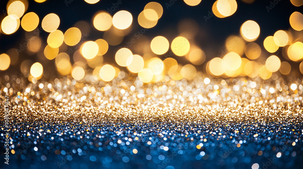 Abstract blue and gold glitter background with bokeh lights. Abstract blue and gold glitter background with bokeh lights.