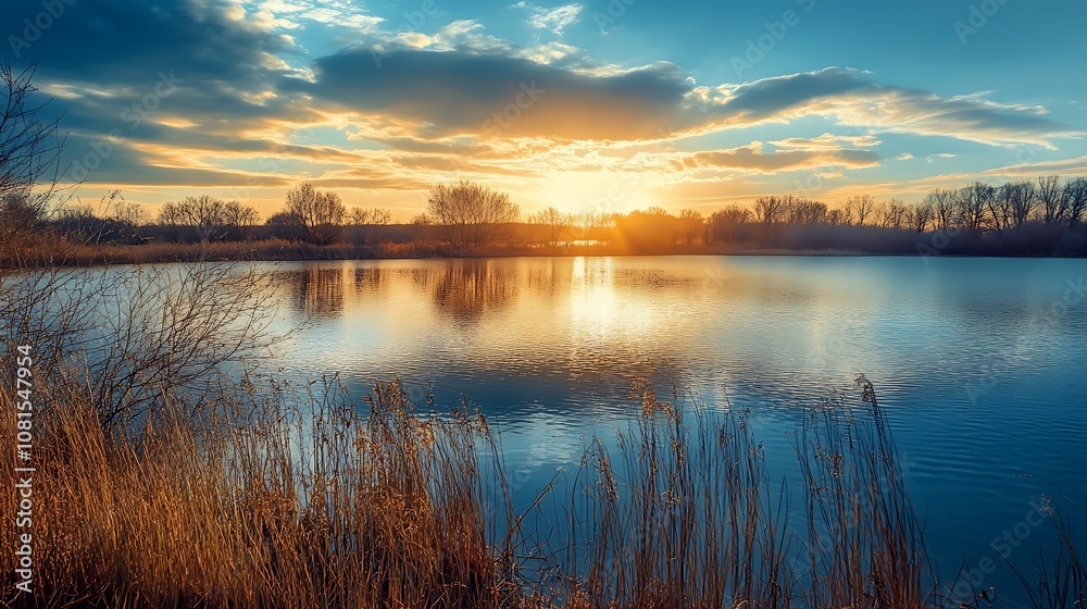 Sunset Over a Tranquil Lake with Tall Grass and a Dramatic Sky Sunset Over a Tranquil Lake with Tall Grass and a Dramatic Sky