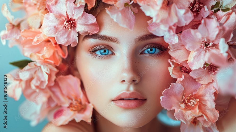 Close-up portrait of a woman with flowers in her hair