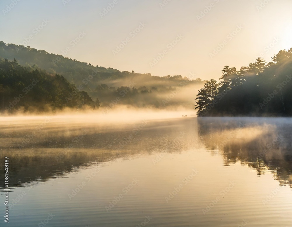 Misty Morning on a Tranquil Lake With Rolling Fog Hovering Over the Water and a Distant Forest Just Visible Through the Hazy Light of Dawn Misty Morning on a Tranquil Lake With Rolling Fog Hovering Over the Water and a Distant Forest Just Visible Through the Hazy Light of Dawn