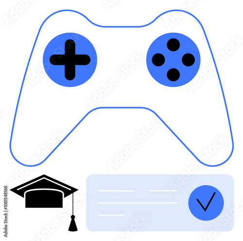 Game controller with blue buttons, graduation cap with tassel, and certificate with checkmark. Ideal for e-learning, educational software, gamification, student rewards, interactive learning, online